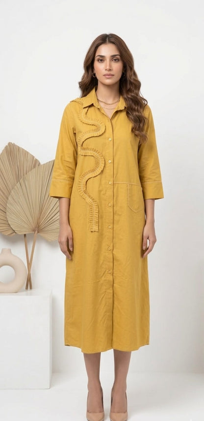 MUSTARD YELLOW MIDI SHIRT DRESS