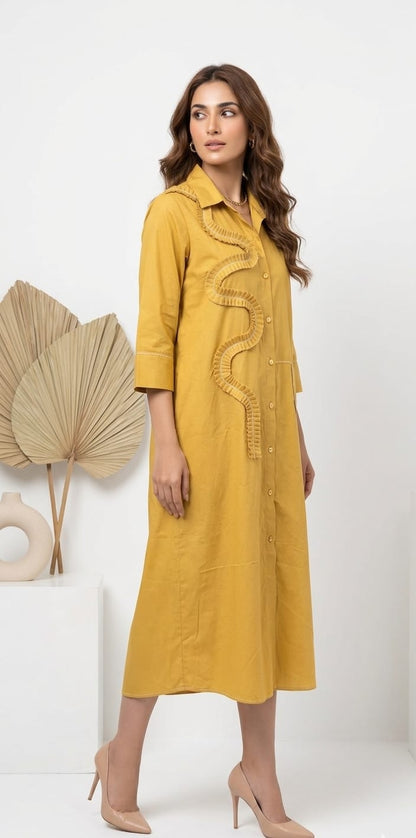 MUSTARD YELLOW MIDI SHIRT DRESS