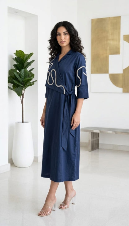 NAVY BLUE WRAP STYLE COTTON MEDIUM LENGTH DRESS