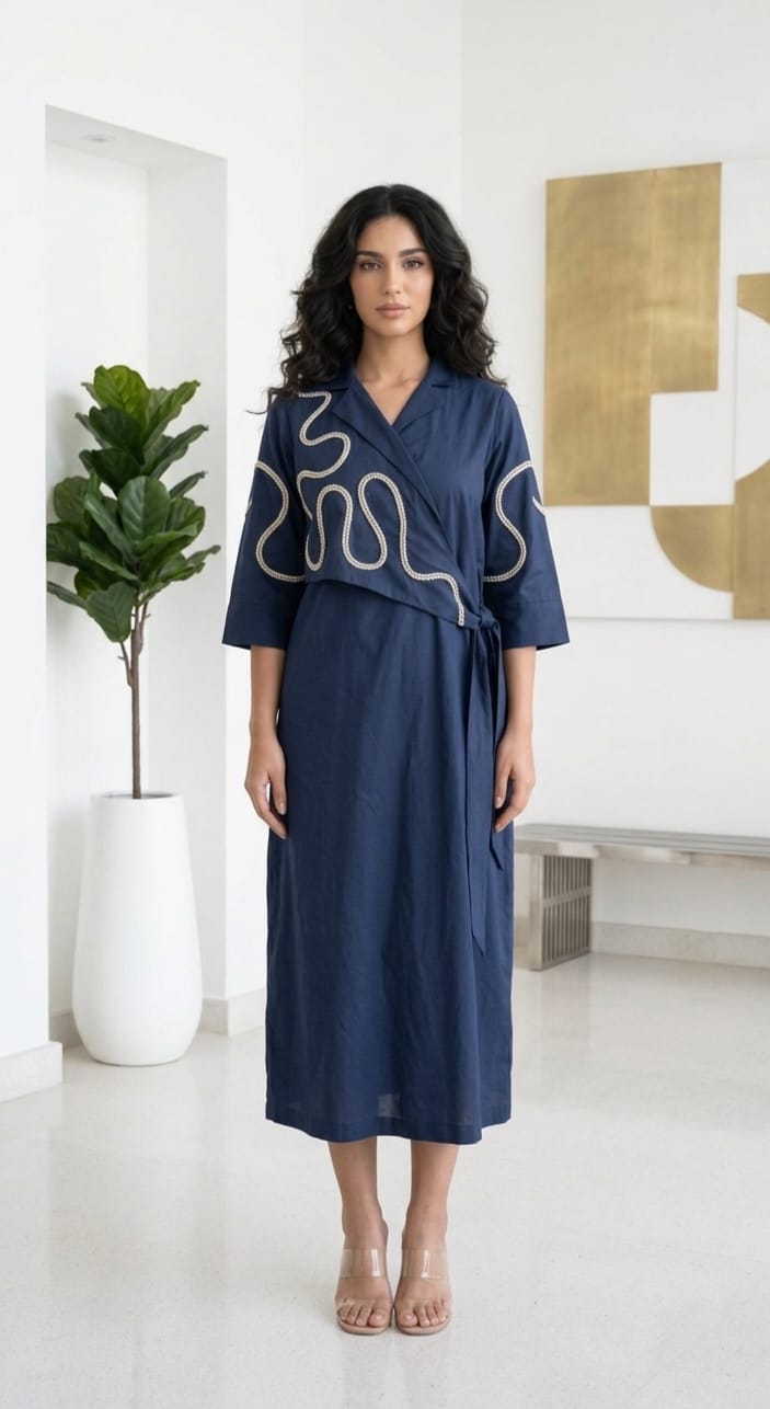 NAVY BLUE WRAP STYLE COTTON MEDIUM LENGTH DRESS