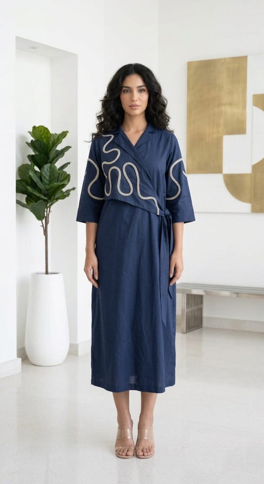 NAVY BLUE WRAP STYLE COTTON MEDIUM LENGTH DRESS