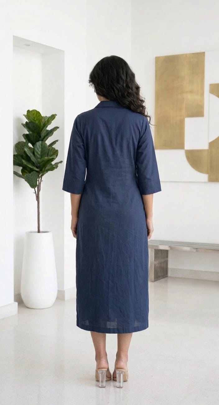 NAVY BLUE WRAP STYLE COTTON MEDIUM LENGTH DRESS