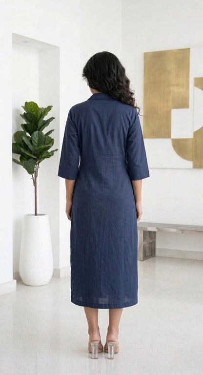 NAVY BLUE WRAP STYLE COTTON MEDIUM LENGTH DRESS