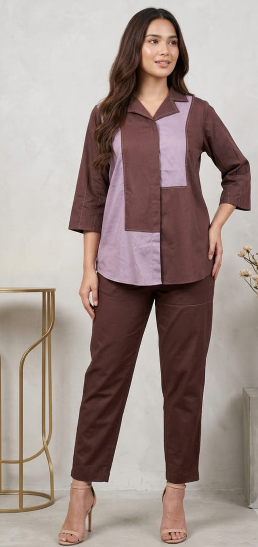 BROWN AND LILAC COLOR BLOCKED CO-ORD SER