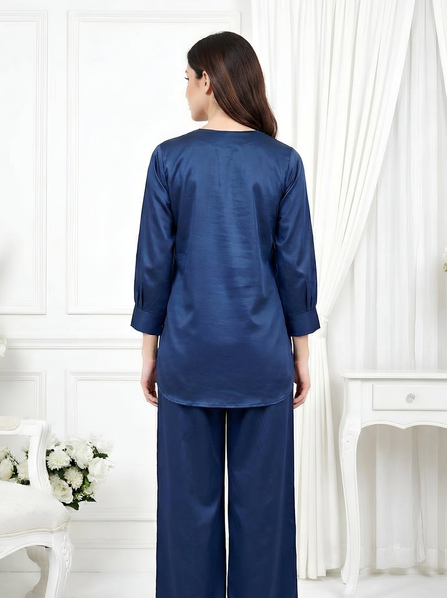 BLUE TEXTURED EMBROIDED CORDSET