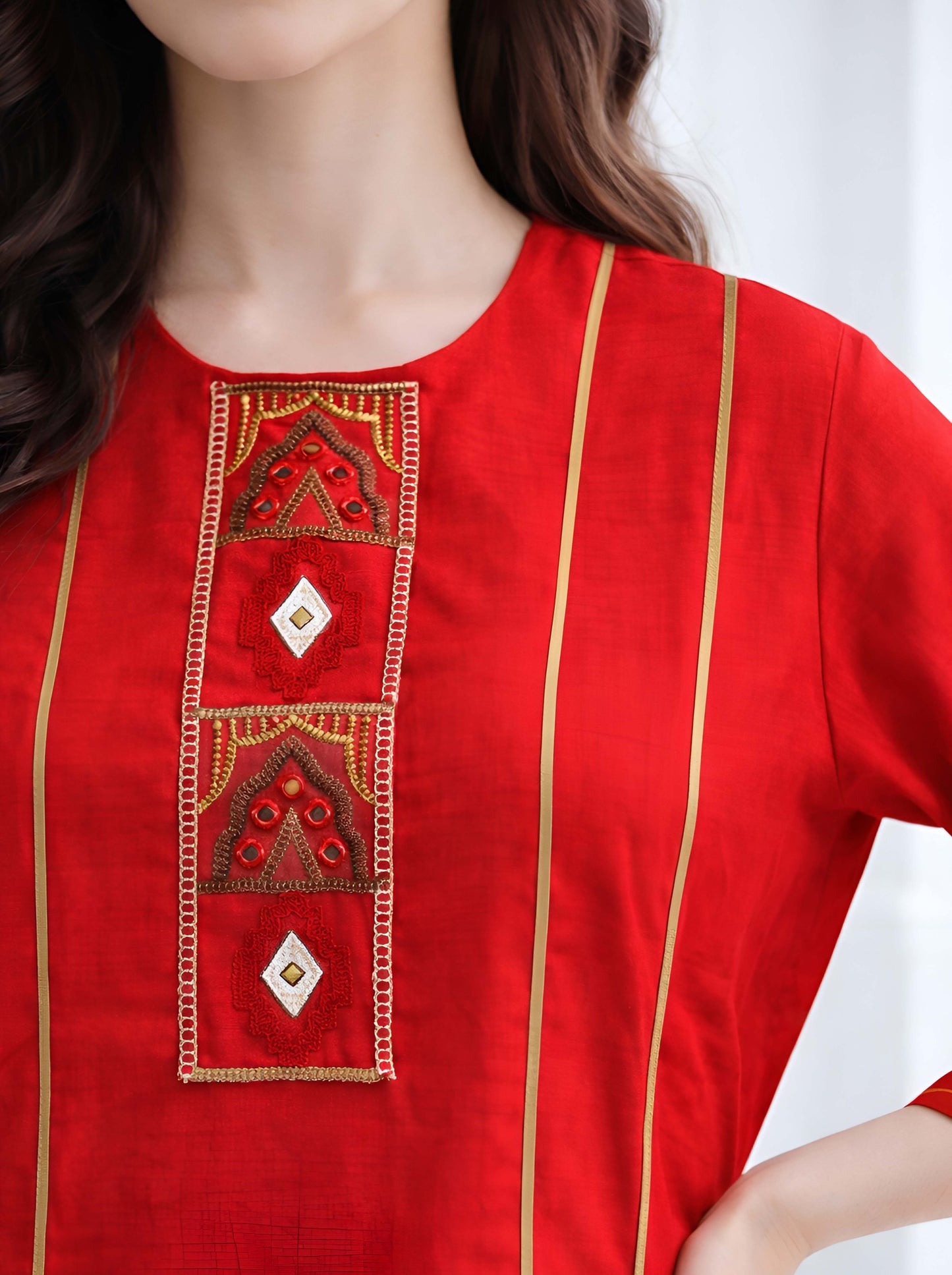 RED MACHINE EMBROIDED STRAIGHT CUT TUNIC