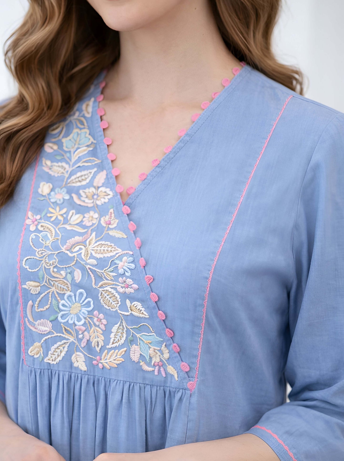 GREY FLORAL NECKLINE EMBROIDED ALINE TUNIC