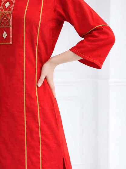 RED MACHINE EMBROIDED STRAIGHT CUT TUNIC