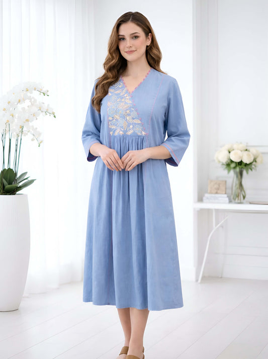 GREY FLORAL NECKLINE EMBROIDED ALINE TUNIC