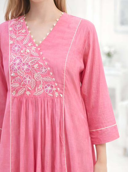 PINK FLORAL NECKLINE EMBROIDED ALINE TUNIC