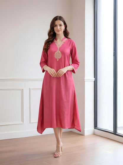 PINK TAIL CUT TUNIC WITH EMBROIDED NECKLINE