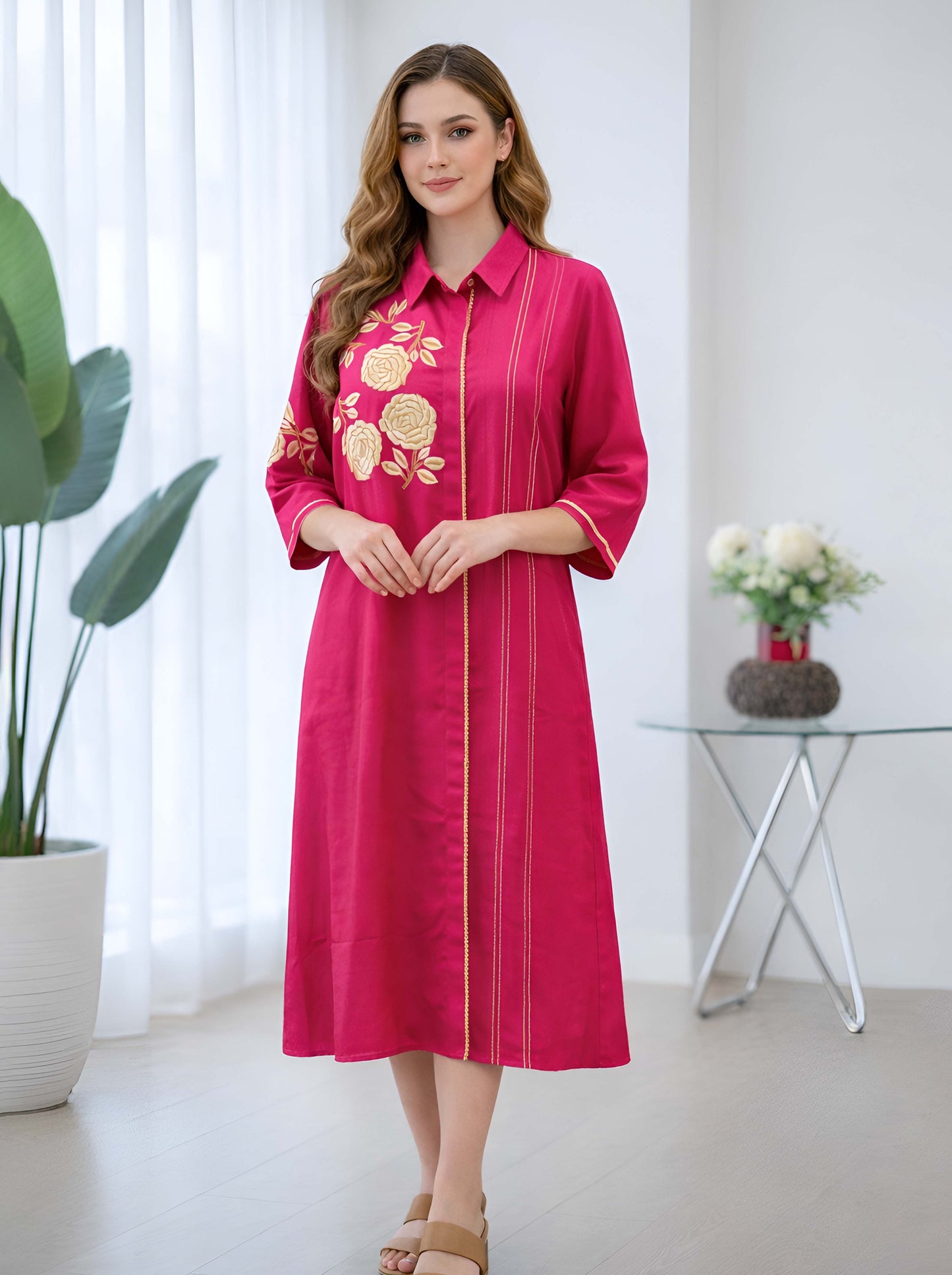 FUCHSIA PINK FLORAL MACHINE EMBROIDED TUNIC WITH SIDE SLITS