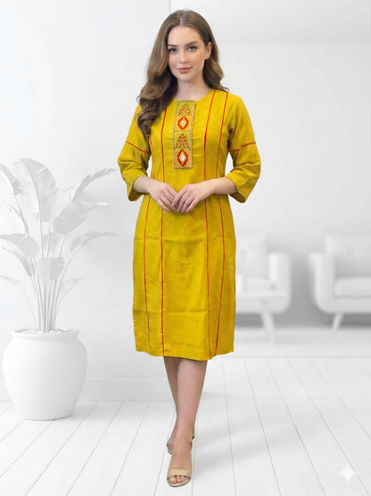 YELLOW MACHINE EMBROIDED STRAIGHT CUT TUNIC