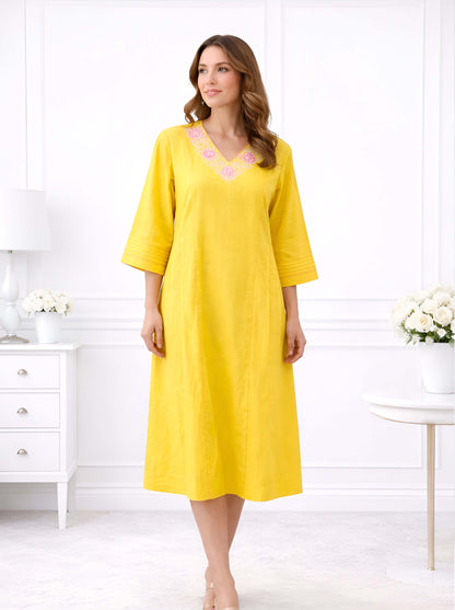 YELLOW FLORAL NECKLINE EMBROIDED TUNIC