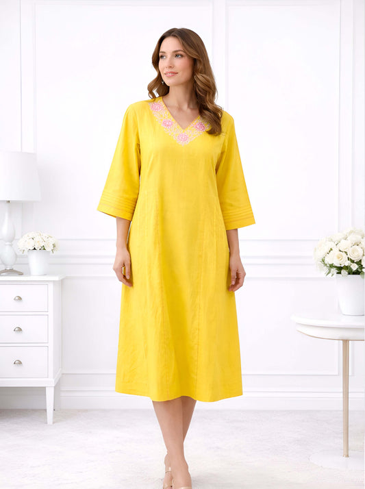 YELLOW FLORAL NECKLINE EMBROIDED TUNIC