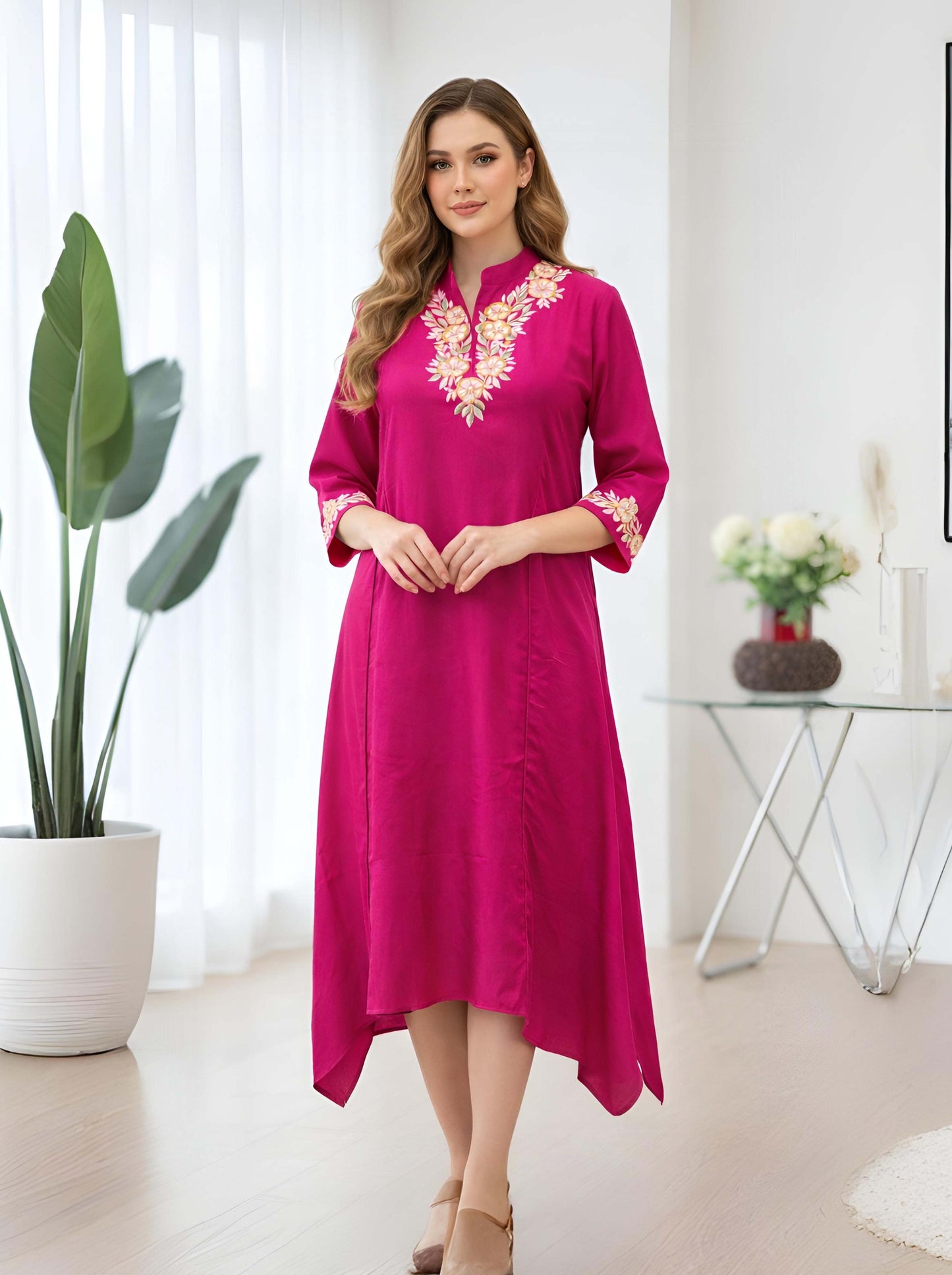 RANI TAIL CUT TUNIC WITH MACHINE EMBROIDERY NECKLINE