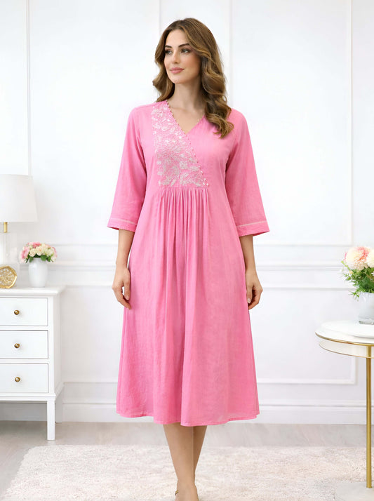 PINK FLORAL NECKLINE EMBROIDED ALINE TUNIC