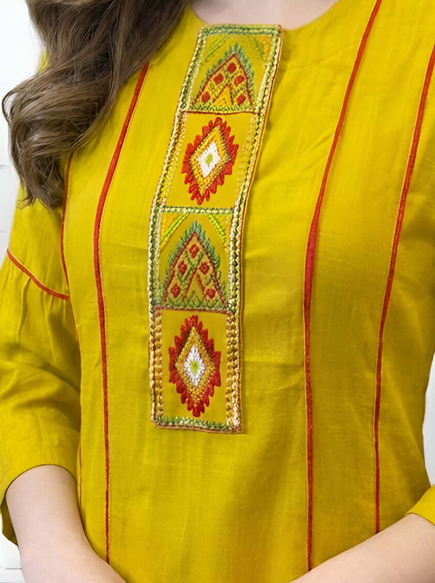 YELLOW MACHINE EMBROIDED STRAIGHT CUT TUNIC