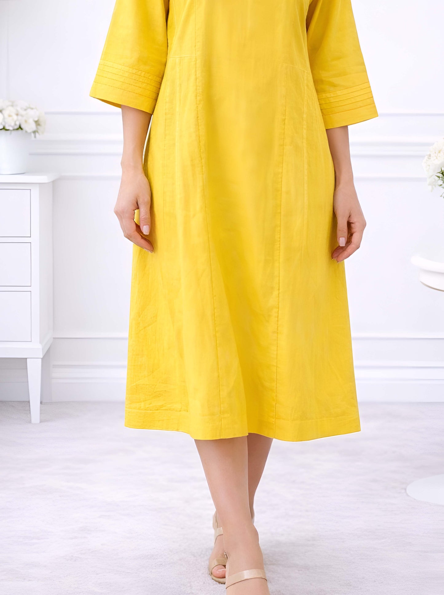 YELLOW FLORAL NECKLINE EMBROIDED TUNIC