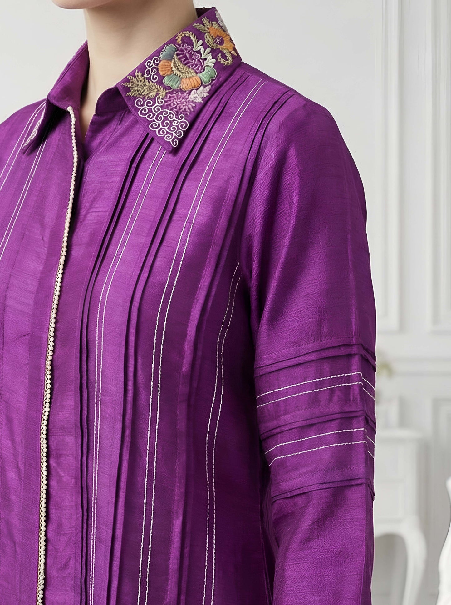 PURPLE COLLAR EMBROIDED A LINE TUNIC
