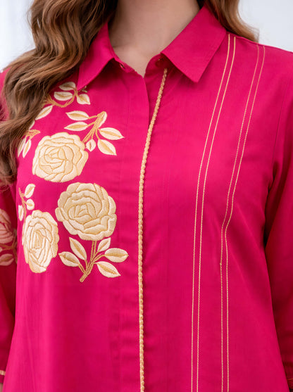 FUCHSIA PINK FLORAL MACHINE EMBROIDED TUNIC WITH SIDE SLITS