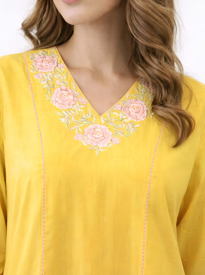 YELLOW FLORAL NECKLINE EMBROIDED TUNIC