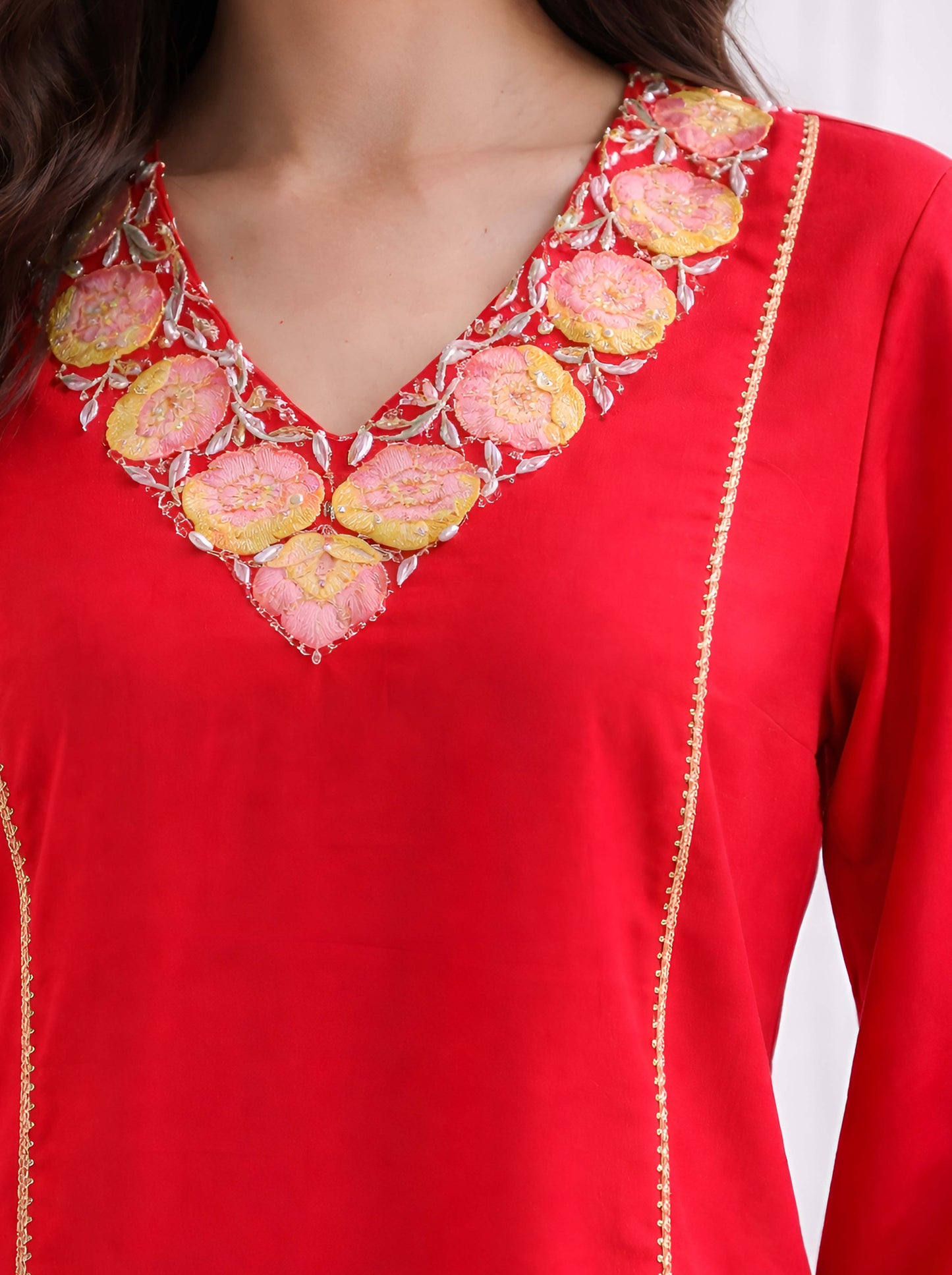 RED EMBROIDED A LINE TUNIC WITH SIDE SLITS