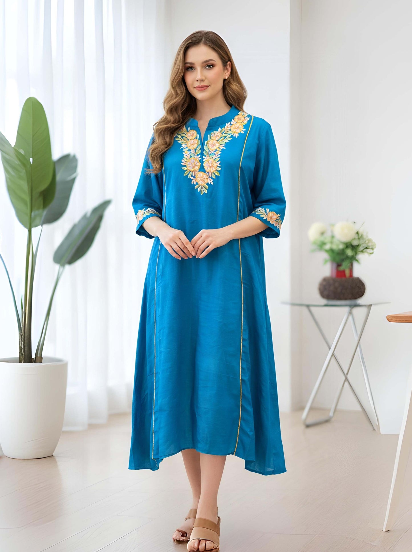 BLUE TAIL CUT TUNIC WITH MACHINE EMBROIDERY NECKLINE