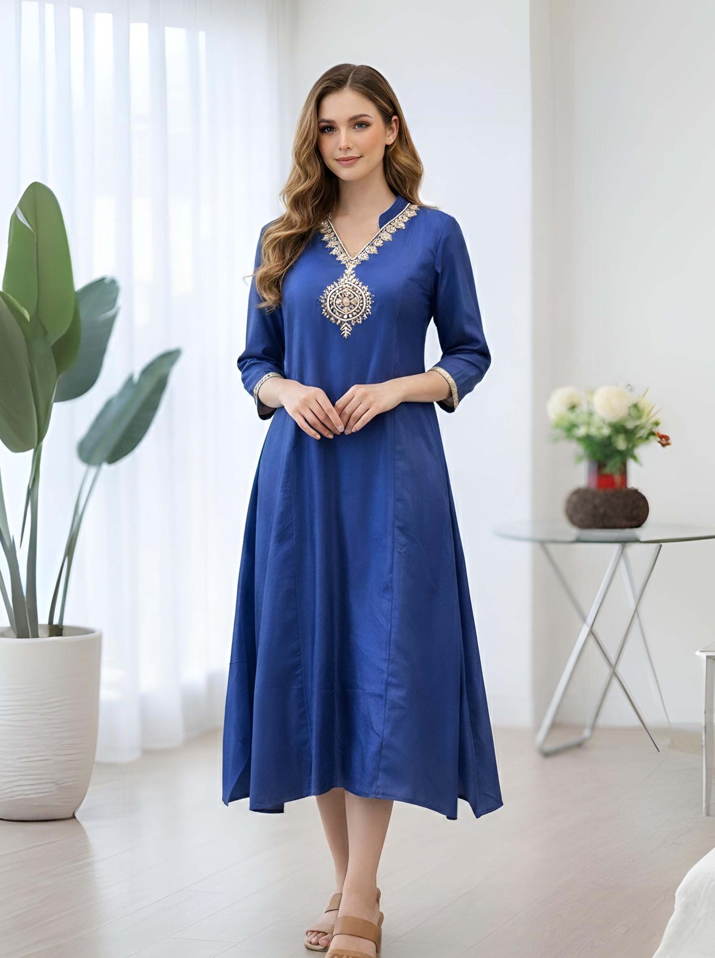 BLUE TAIL CUT TUNIC WITH EMBROIDED NECKLINE