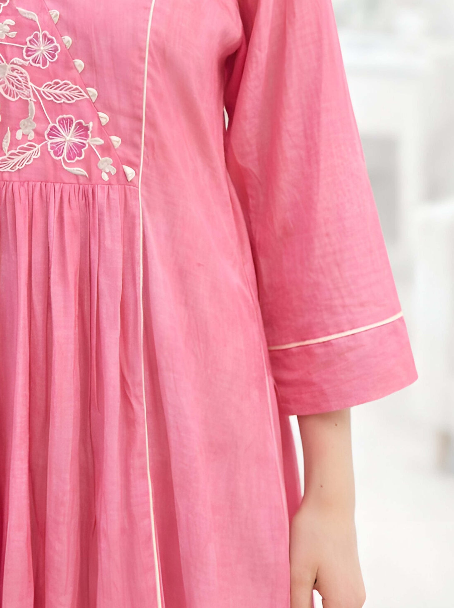 PINK FLORAL NECKLINE EMBROIDED ALINE TUNIC