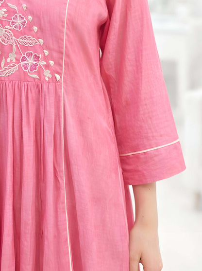 PINK FLORAL NECKLINE EMBROIDED ALINE TUNIC
