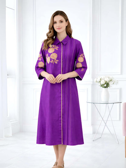 WINE FLORAL MACHINE EMBROIDED TUNIC WITH SIDE SLITS
