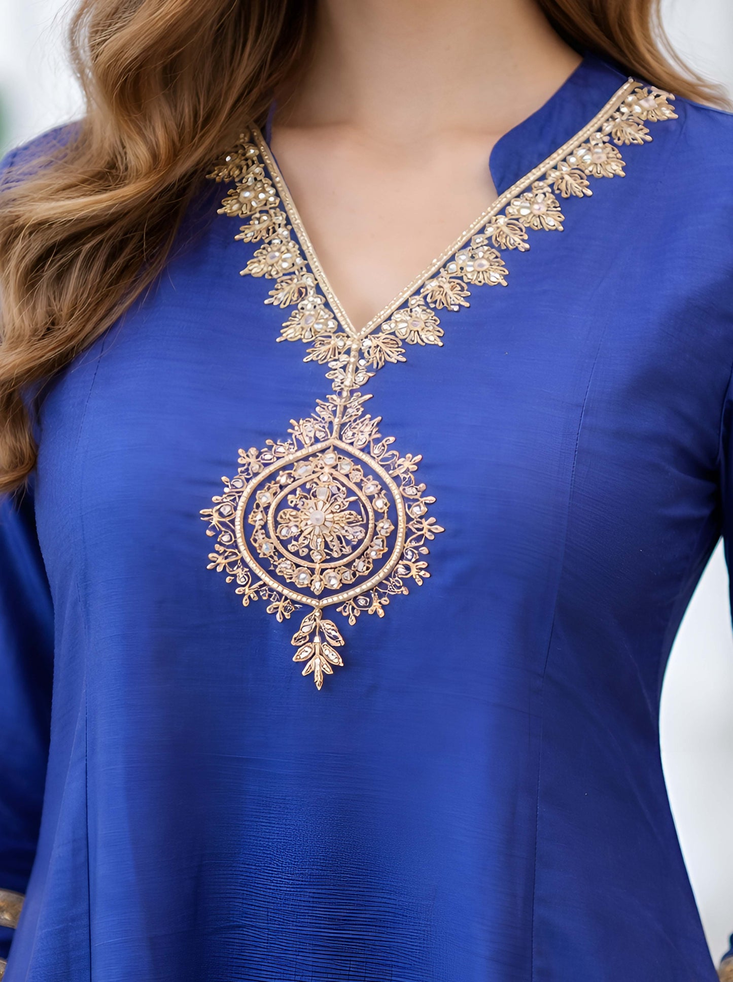 BLUE TAIL CUT TUNIC WITH EMBROIDED NECKLINE