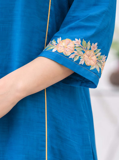 BLUE TAIL CUT TUNIC WITH MACHINE EMBROIDERY NECKLINE