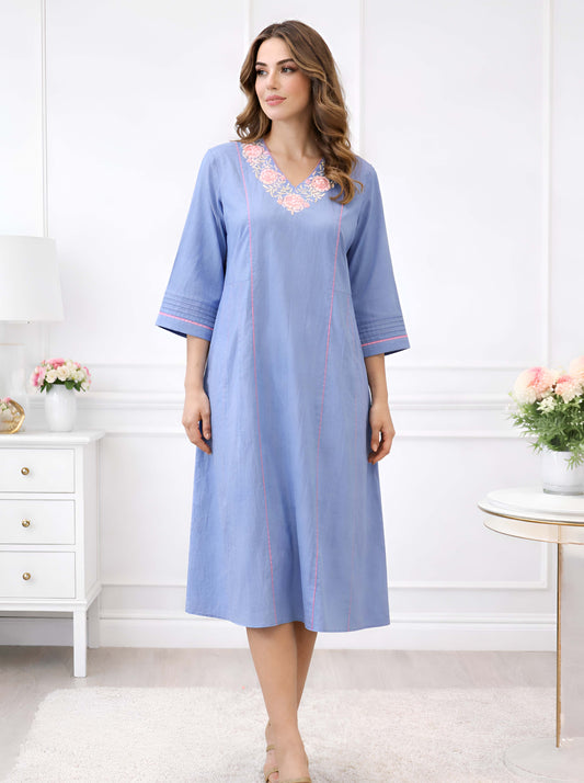GREY FLORAL NECKLINE EMBROIDED TUNIC