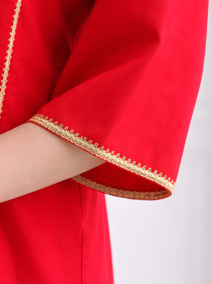 RED EMBROIDED A LINE TUNIC WITH SIDE SLITS