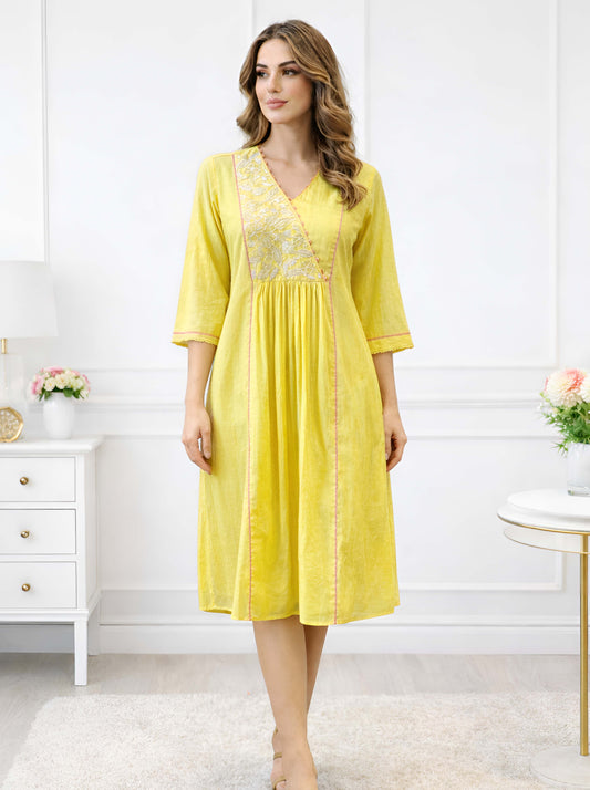 YELLOW FLORAL NECKLINE EMBROIDED ALINE TUNIC