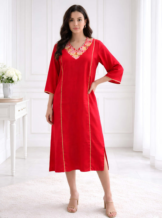 RED EMBROIDED A LINE TUNIC WITH SIDE SLITS