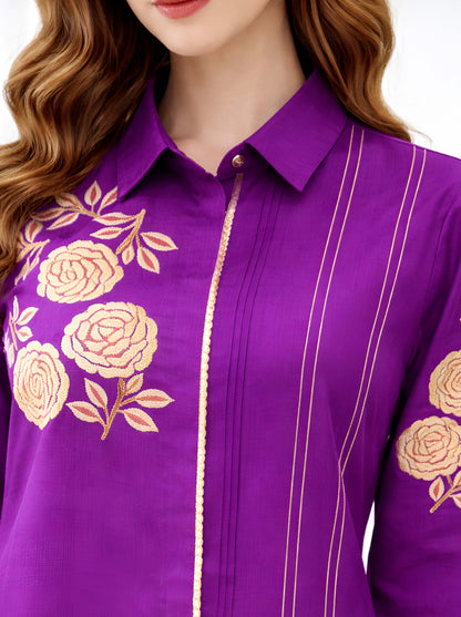 WINE FLORAL MACHINE EMBROIDED TUNIC WITH SIDE SLITS