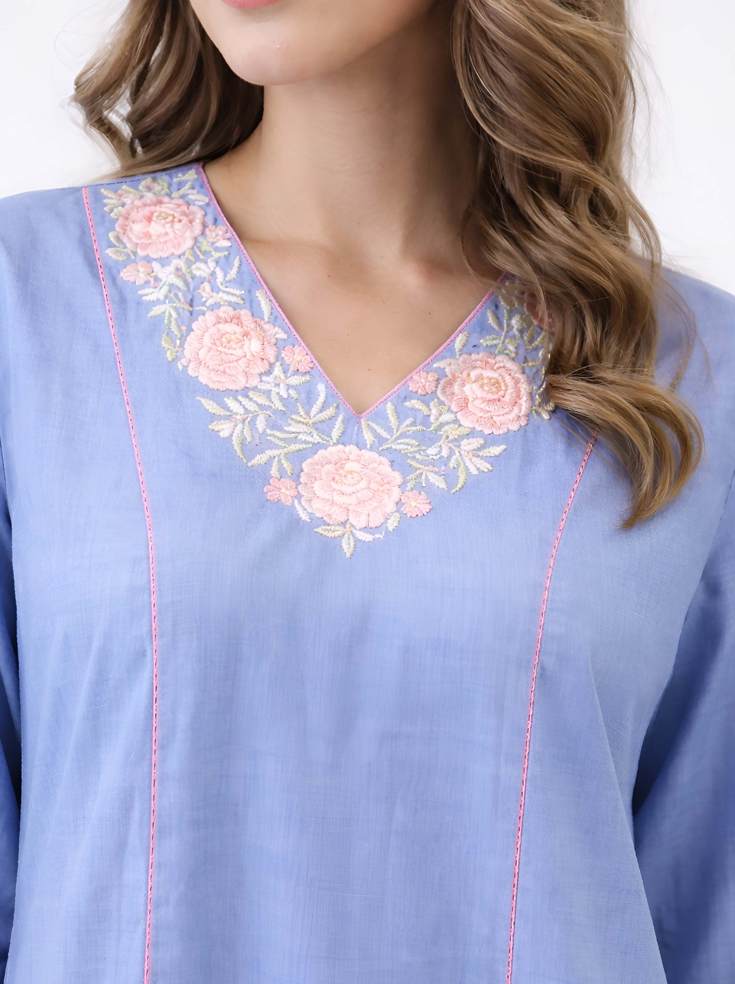 GREY FLORAL NECKLINE EMBROIDED TUNIC