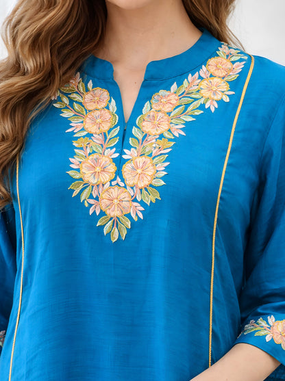 BLUE TAIL CUT TUNIC WITH MACHINE EMBROIDERY NECKLINE