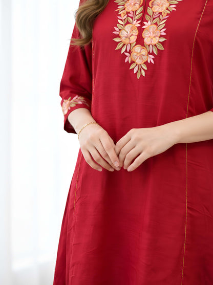 RED TAIL CUT TUNIC WITH MACHINE EMBROIDERY NECKLINE