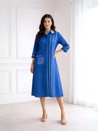 BLUE COLLAR EMBROIDED A LINE TUNIC