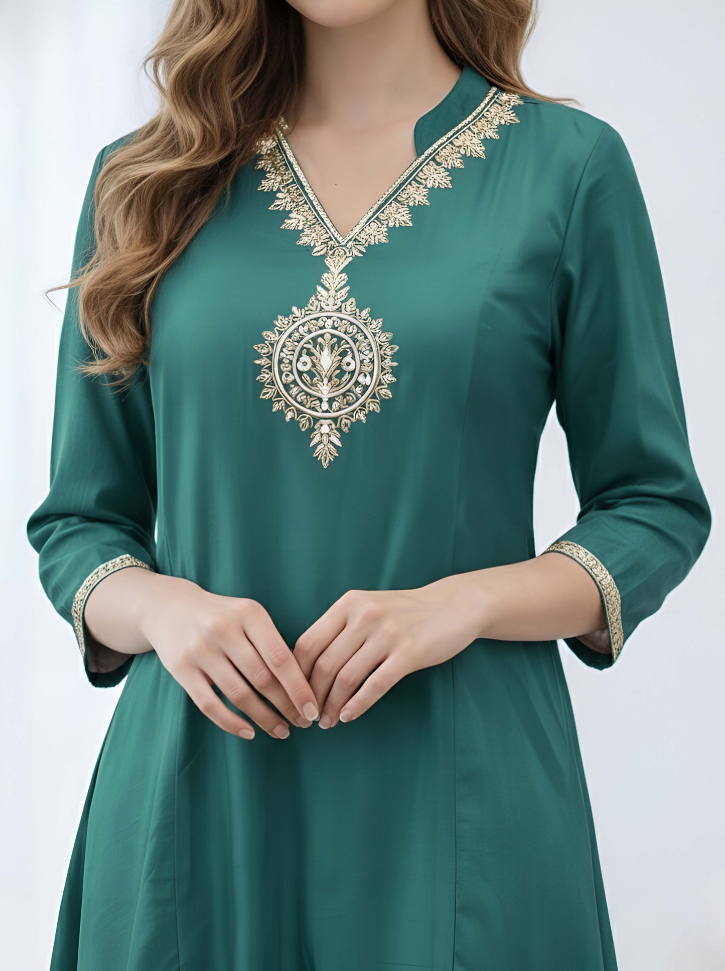 GREEN TAIL CUT TUNIC WITH EMBROIDED NECKLINE