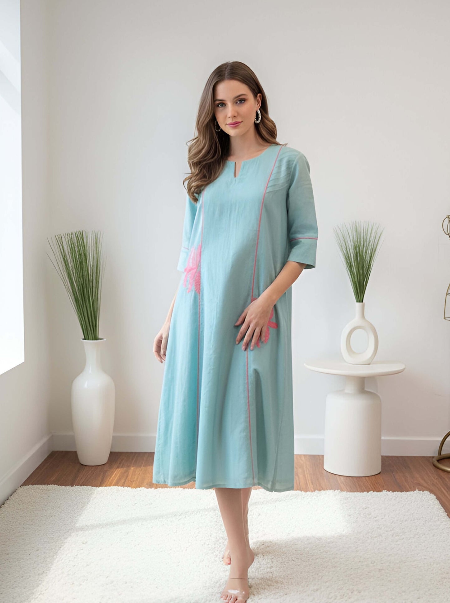 AQUA BLUE MACHINE EMBROIDED A LINE TUNIC