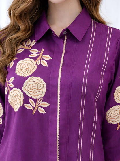 PURPLE FLORAL MACHINE EMBROIDED TUNIC WITH SIDE SLITS