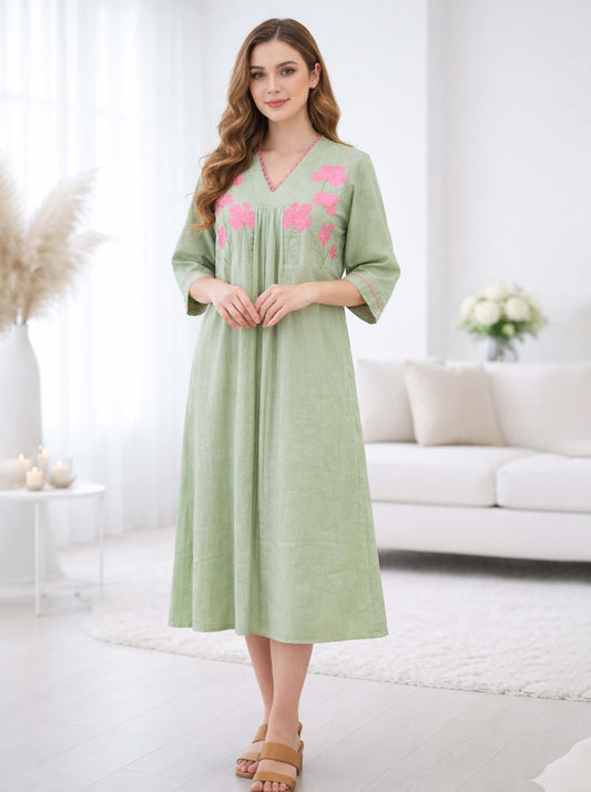 GREEN EMBROIDED ALINE TUNIC