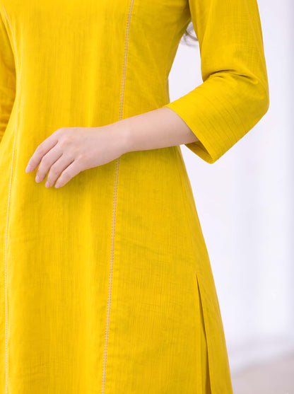 MUSTURED YELLOW EMBROIDED A LINE TUNIC WITH SIDE SLITS