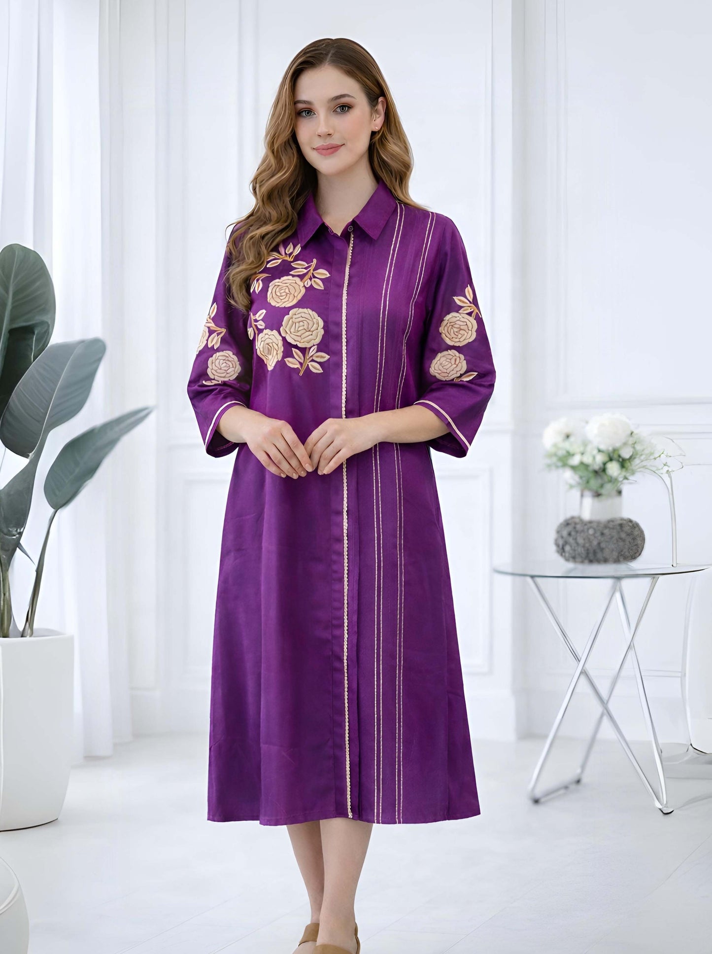 PURPLE FLORAL MACHINE EMBROIDED TUNIC WITH SIDE SLITS