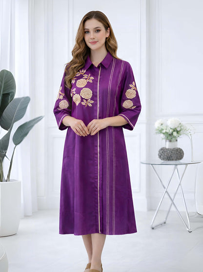 PURPLE FLORAL MACHINE EMBROIDED TUNIC WITH SIDE SLITS